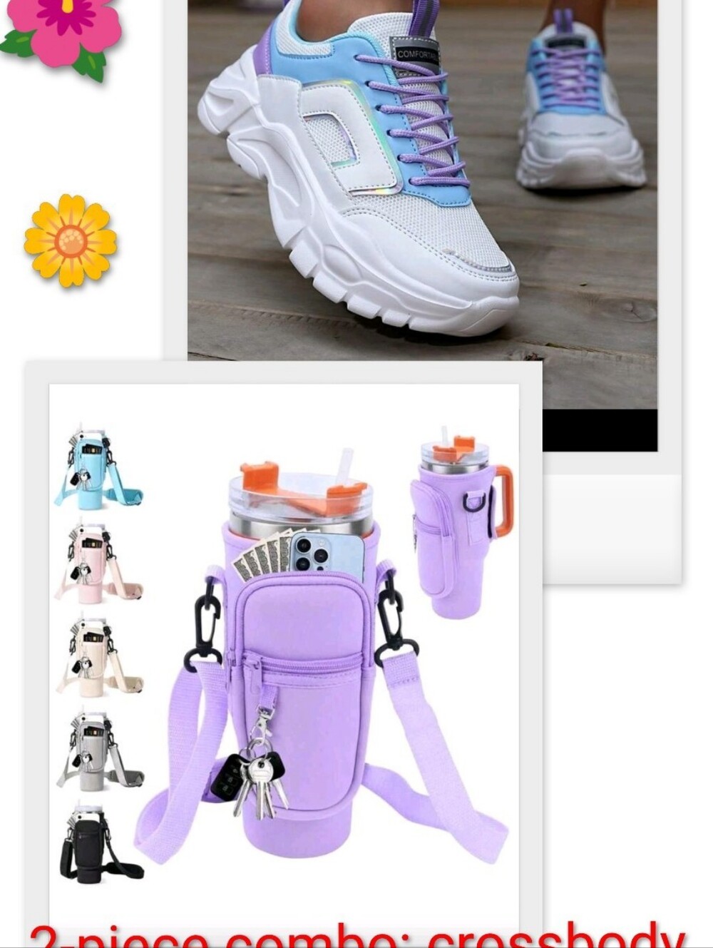 2-Piece Combo: Crossbody Bottle Holder (Lavender Color) and Athletic Shoes